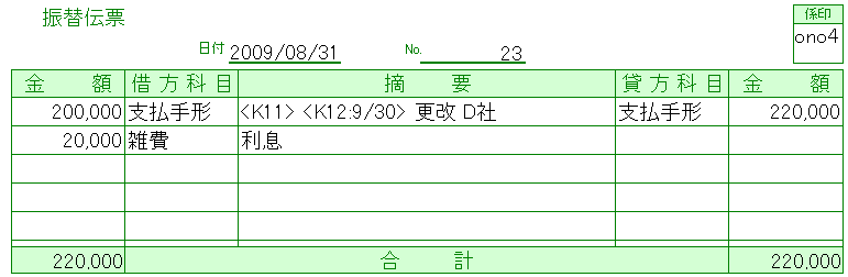 受取手形のてん末(更改)記入例